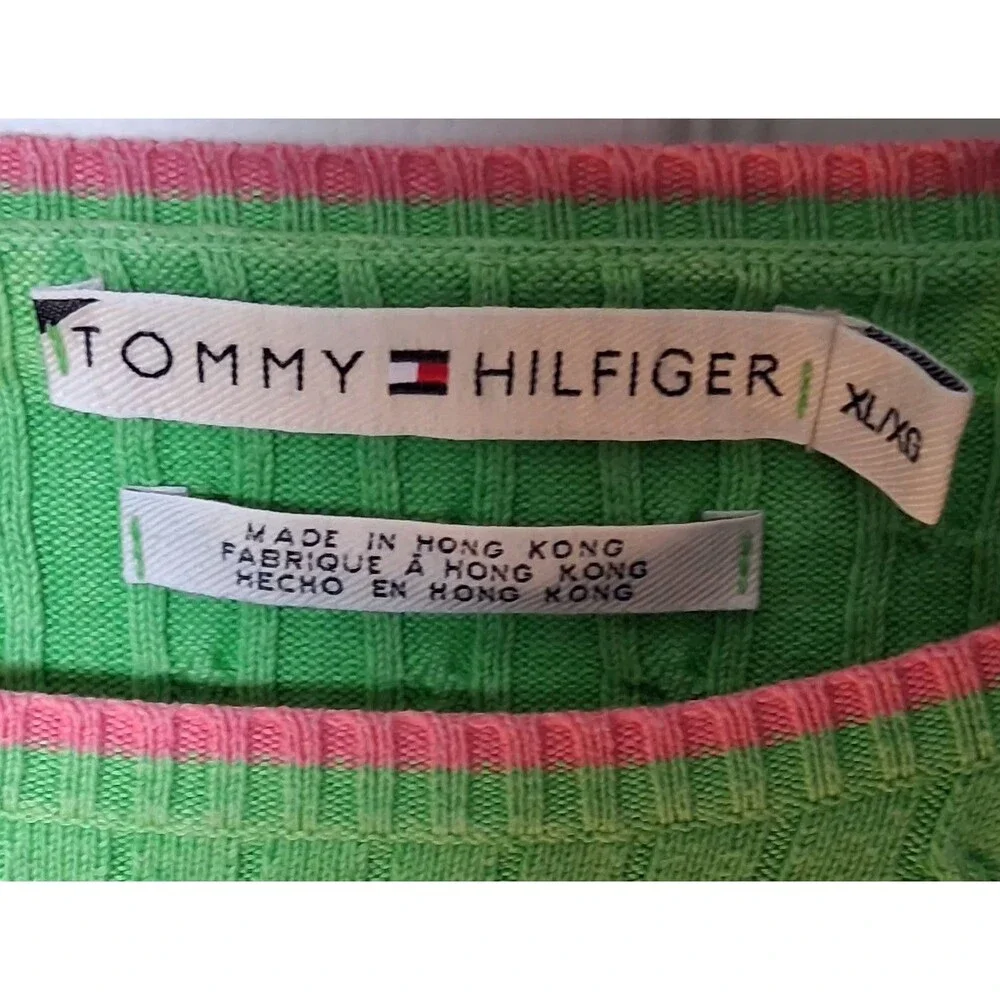 Vintage 90s Y2K Tommy Hilfiger Lime Green Cable Knit Sweater XL Brat Preppy